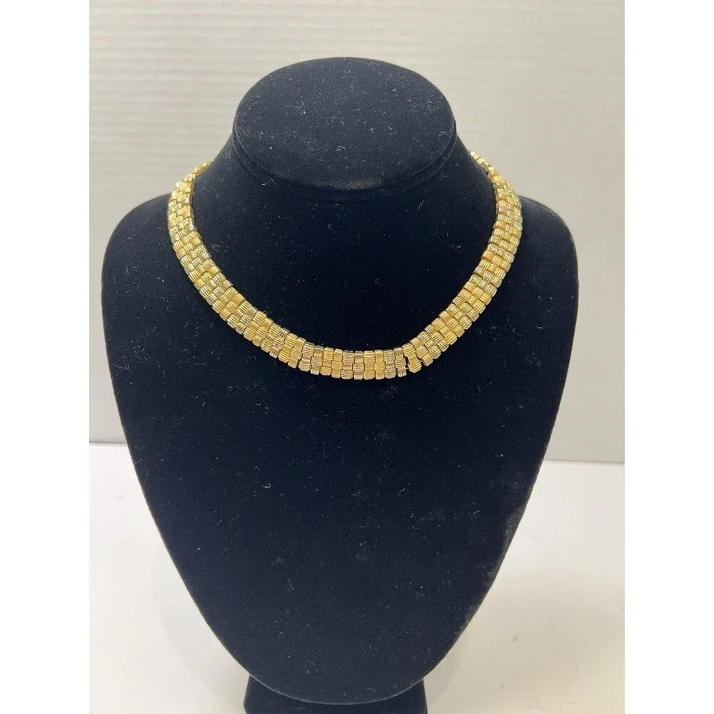 Gold Tone Flat Textured Necklace 15”Costume Jewelry Basketweave Choker Lie Flat